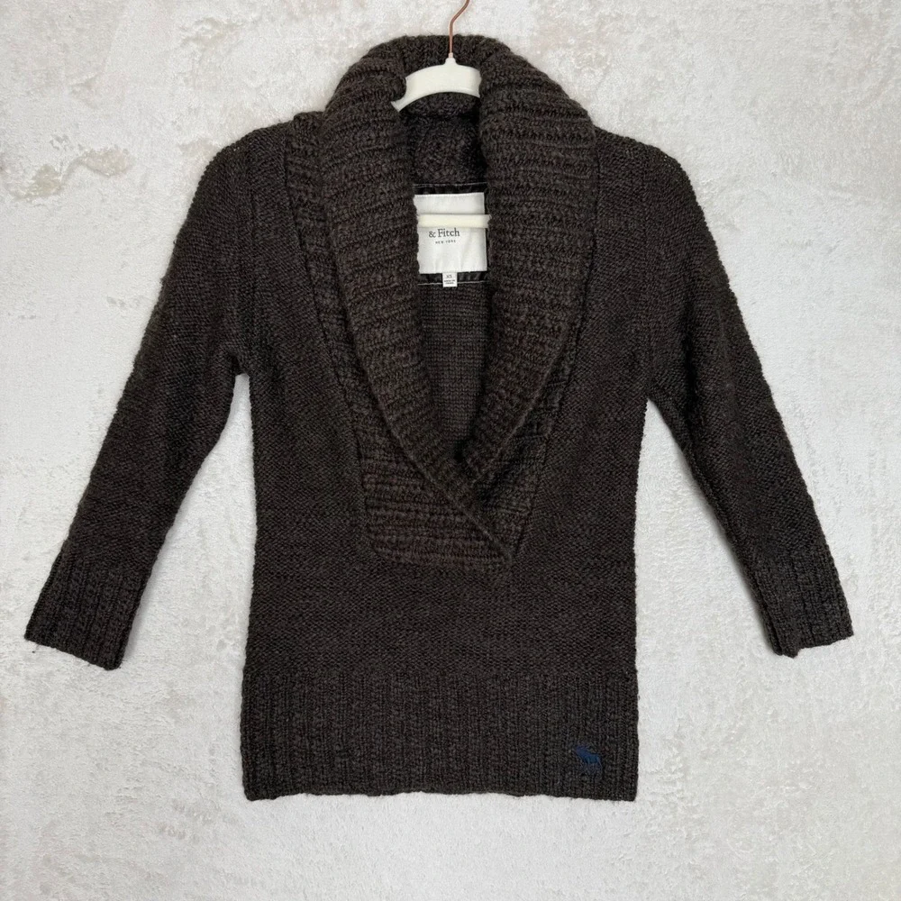 Abercrombie & Fitch Y2K XS Brown Wool Blend Shawl Collar Chunky Knit Sweater